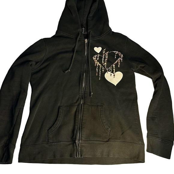 no fear Tops - Large Heart Hoodie Black with Zipper and front pockets